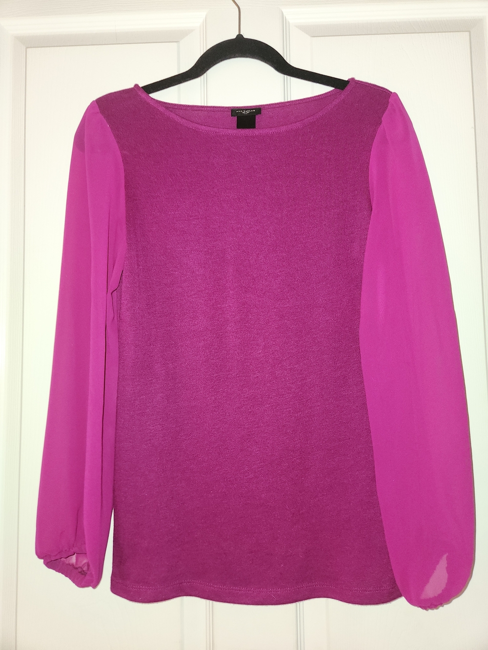 Ann Taylor Magenta Knit Top with Sheer Long Sleeves